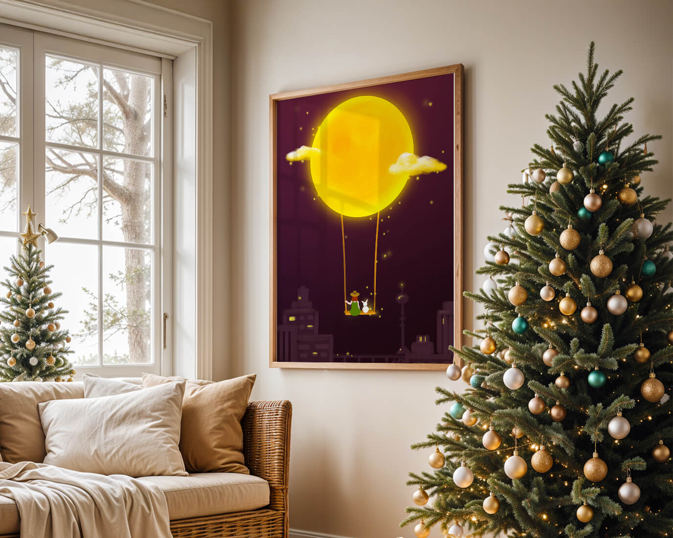 Whimsical night scene with a girl and a rabbit on a swing beneath a glowing moon
