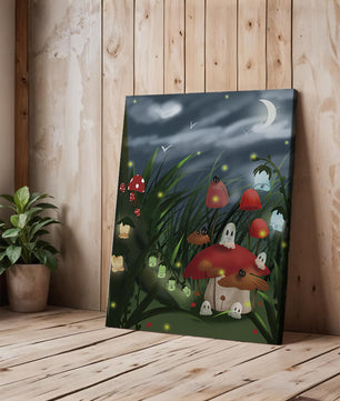 Enchanted night scene with glowing mushrooms and moonlit sky