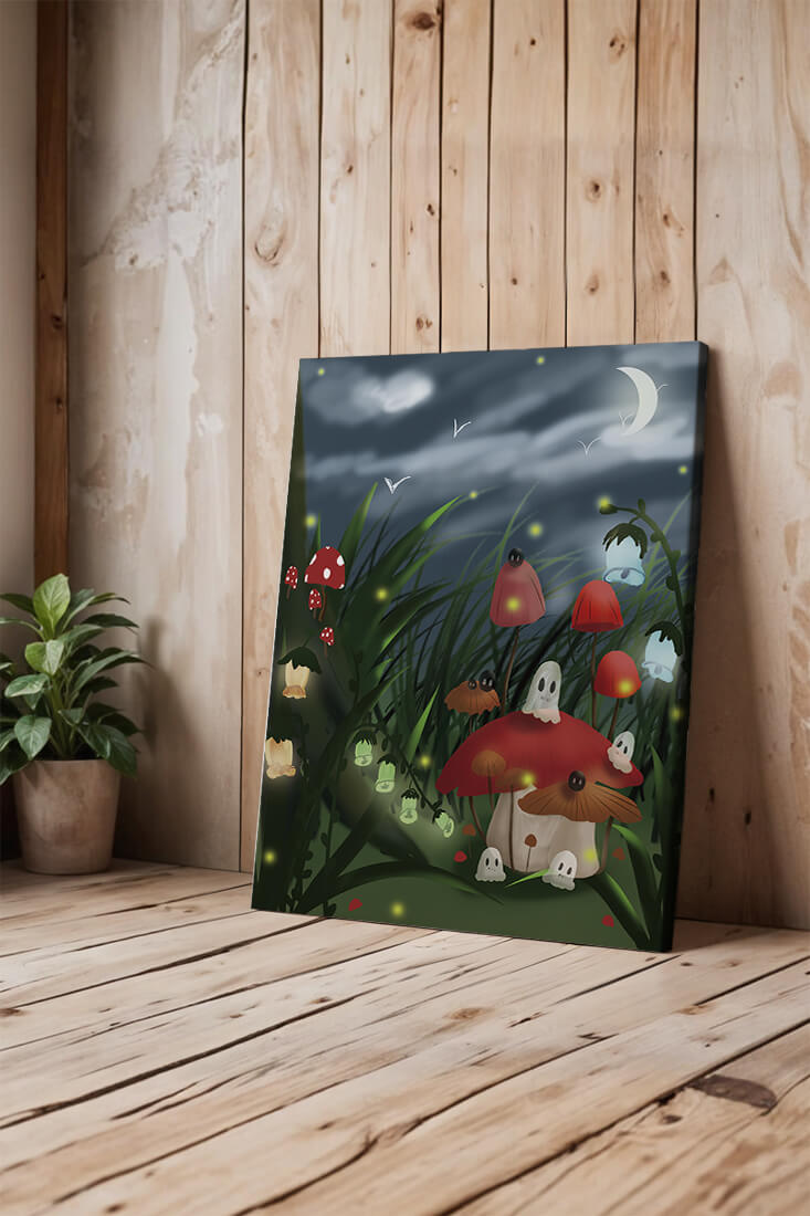Enchanted night scene with glowing mushrooms and moonlit sky