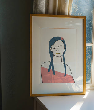Abstract Portrait with Blue Hair and Floral Accent - Mi tienda