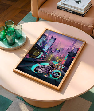 Paisaje urbano futurista cyberpunk con rascacielos iluminados con neón y motociclista