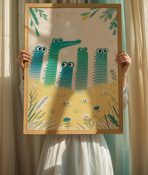 Illustration of Happy Cartoon Crocodiles in a Colorful Meadow - Mi tienda