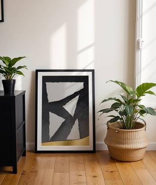 Abstract geometric design with gold and black elements