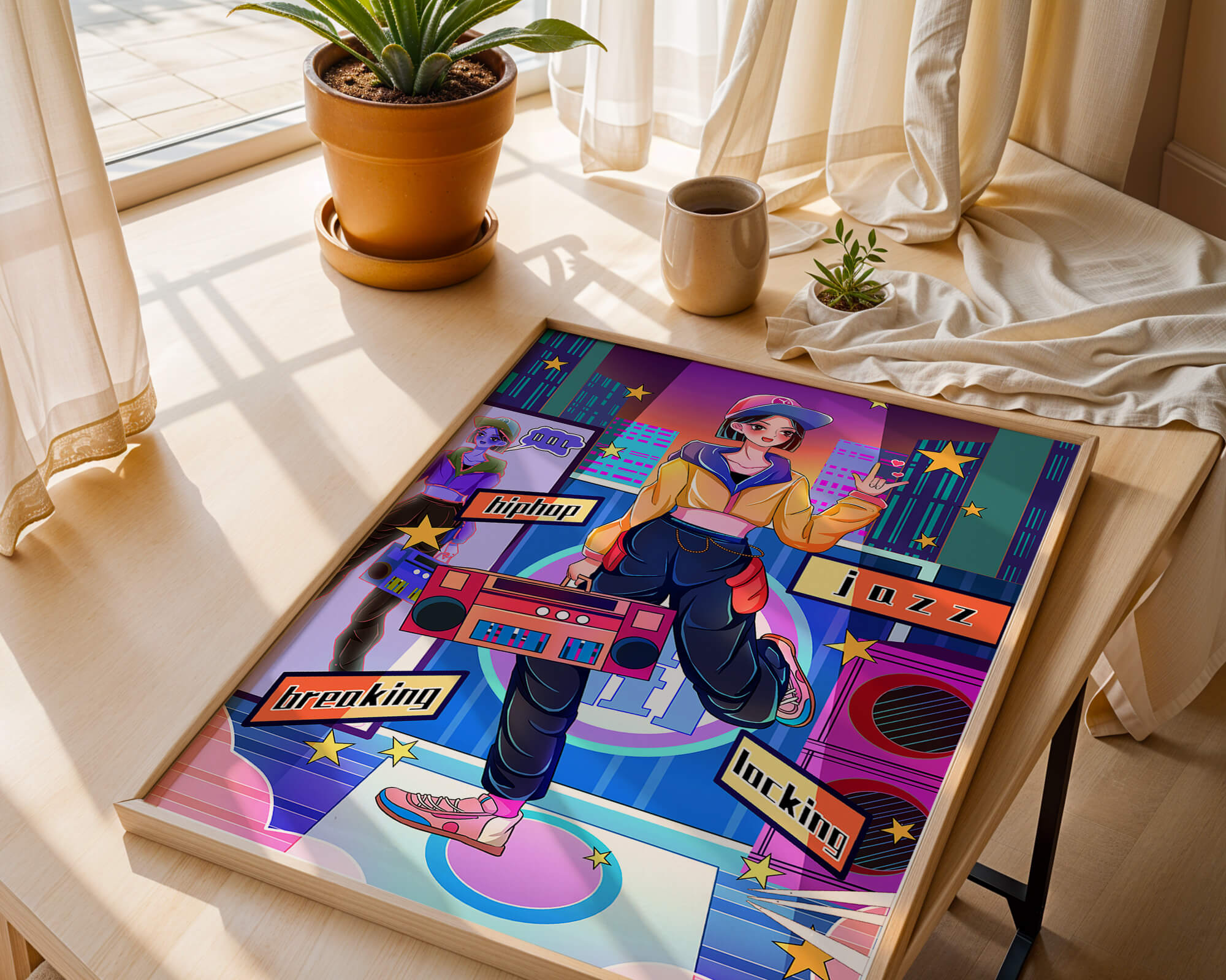 Colorful urban dance scene with hip hop and jazz elements