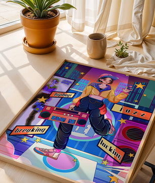 Escena urbana de baile colorida con elementos de hip hop y jazz