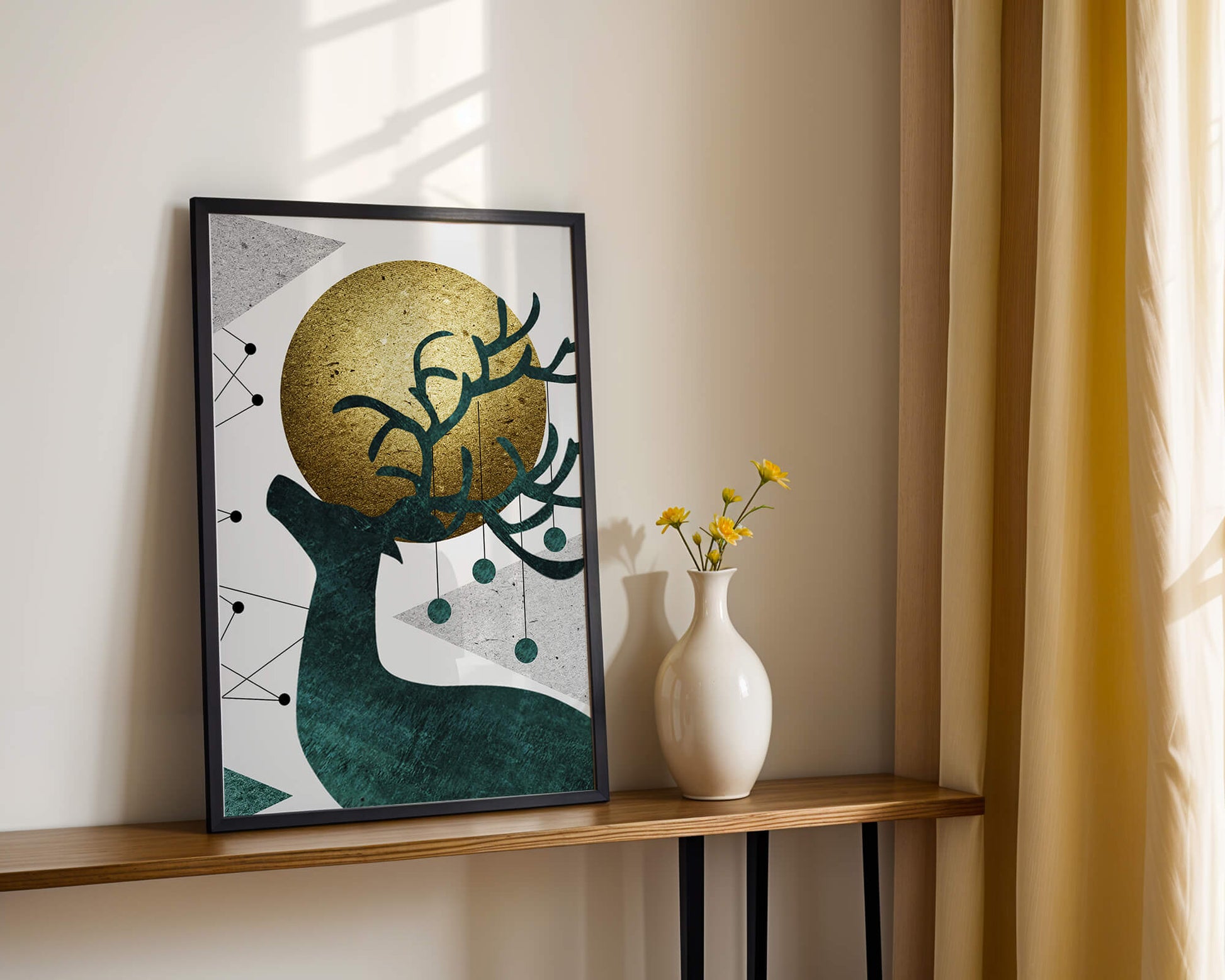 Abstract Geometric Deer with Gold Circle and Modern Design
