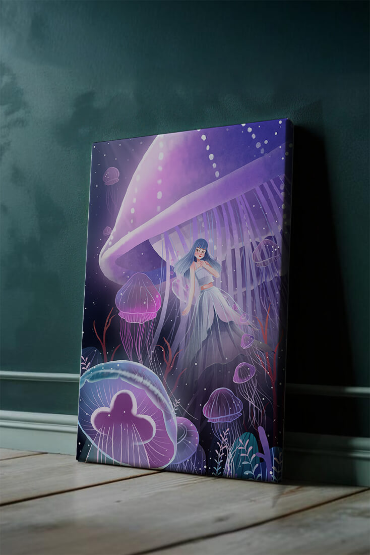 Underwater Fantasy Scene with Jellyfish and Girl