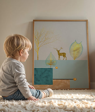 Abstrakte Komposition mit goldenem Hirsch und Blättern auf strukturiertem Hintergrund
