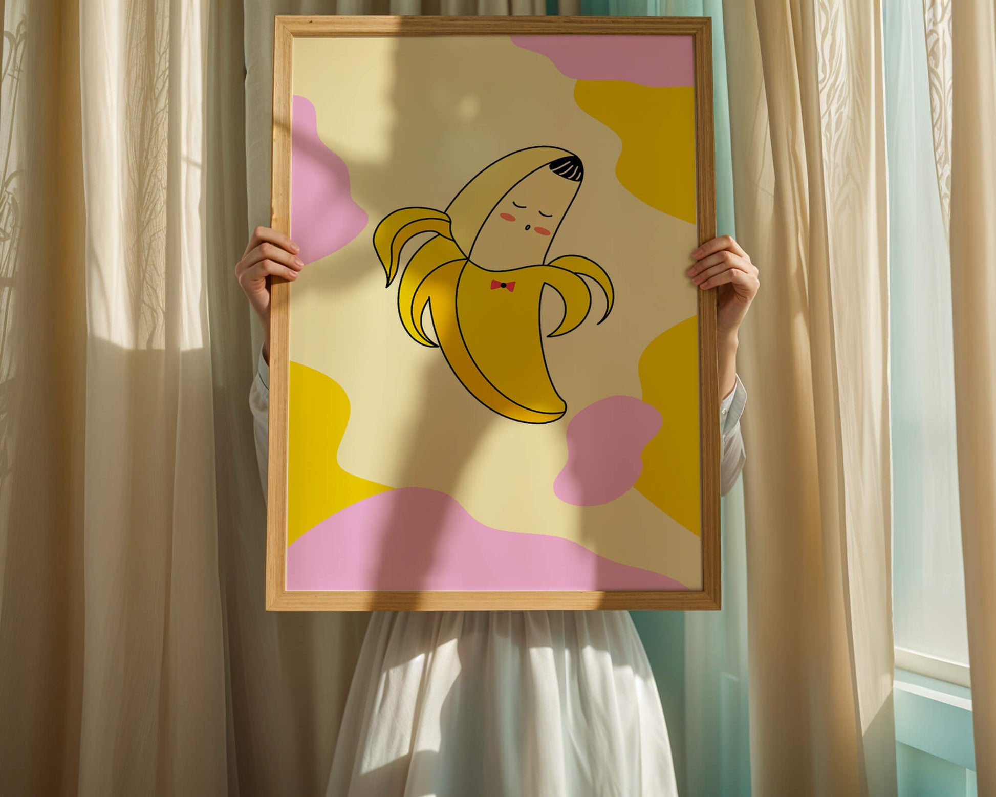 Quirky animated banana with bow tie on colorful abstract background