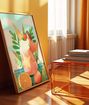 Bezaubernde Sommergetränk-Illustration mit Früchten, Blättern und einem Kind