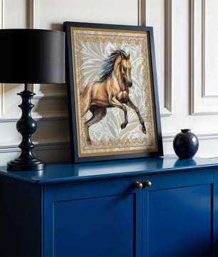 Elegant horse illustration with ornate golden frame