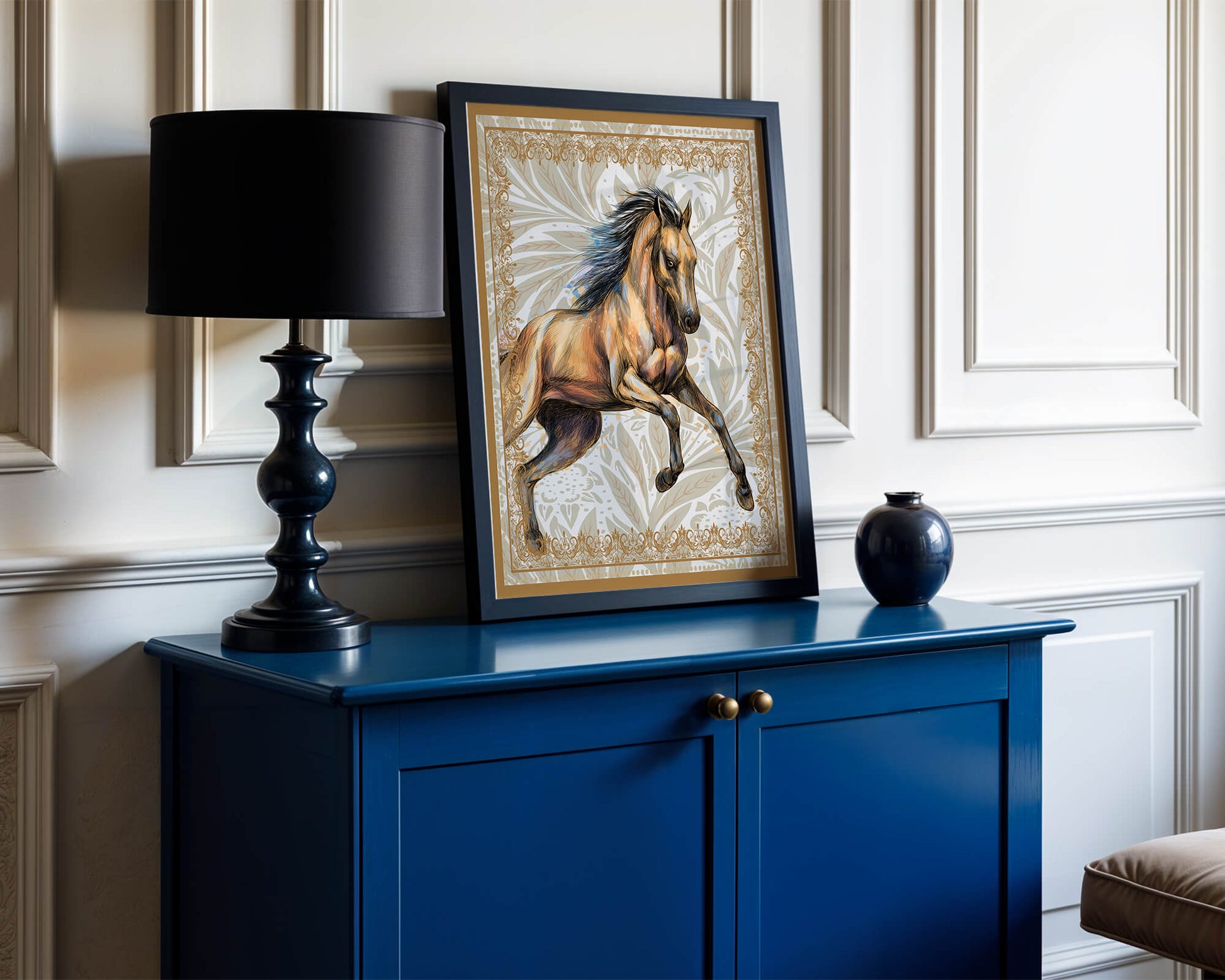 Elegant horse illustration with ornate golden frame