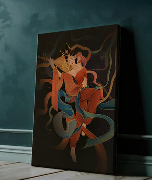 Elegant depiction of a goddess playing a lute with flowing ribbons