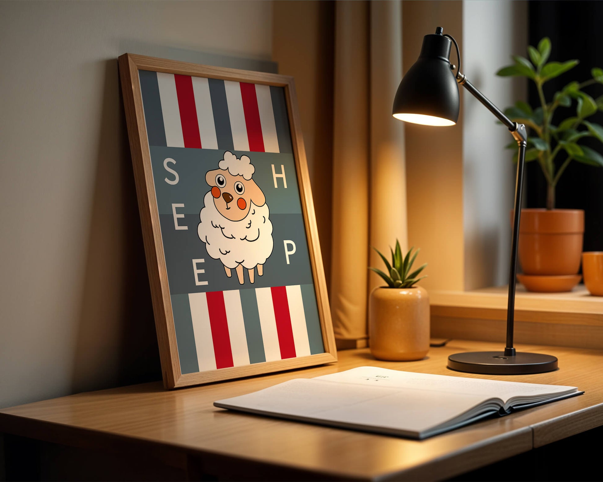 Playful sheep illustration on striped background