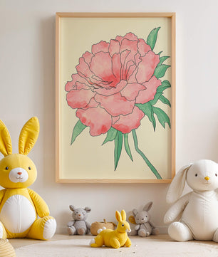 Delicate Pink Peony with Green Leaves Illustration