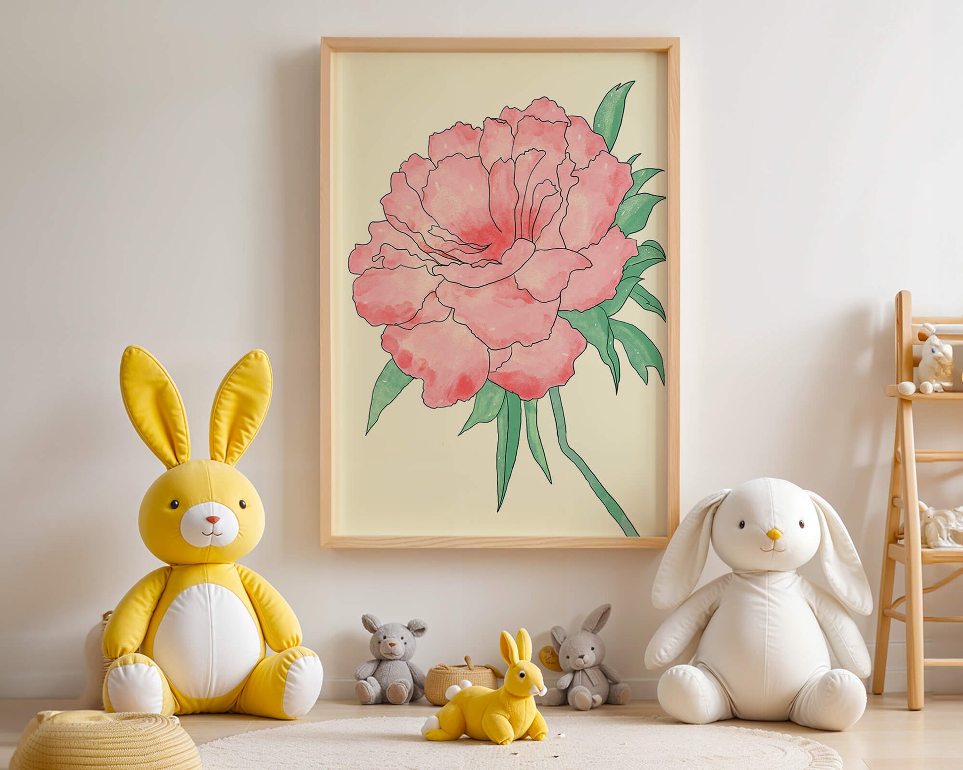 Delicate Pink Peony with Green Leaves Illustration