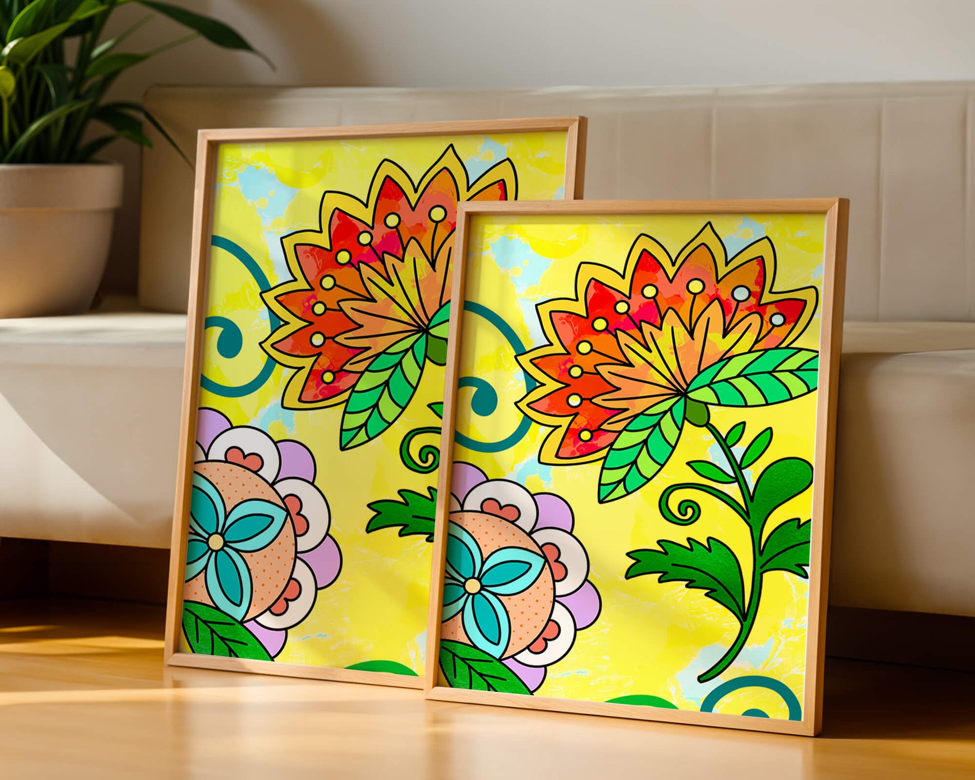 Colorful abstract floral illustration with bright yellow background