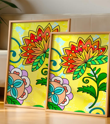 Colorful abstract floral illustration with bright yellow background