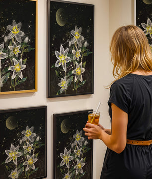 Luminous Night Flowers Under a Starry Sky with Golden Moon - Mi tienda
