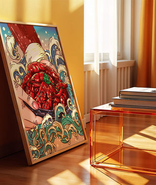 Colorful Cartoon Illustration of Hand Holding Crawfish Over Decorative Waves