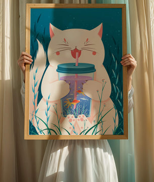 Playful cat with a fish tank tumbler in the underwater scene illustration