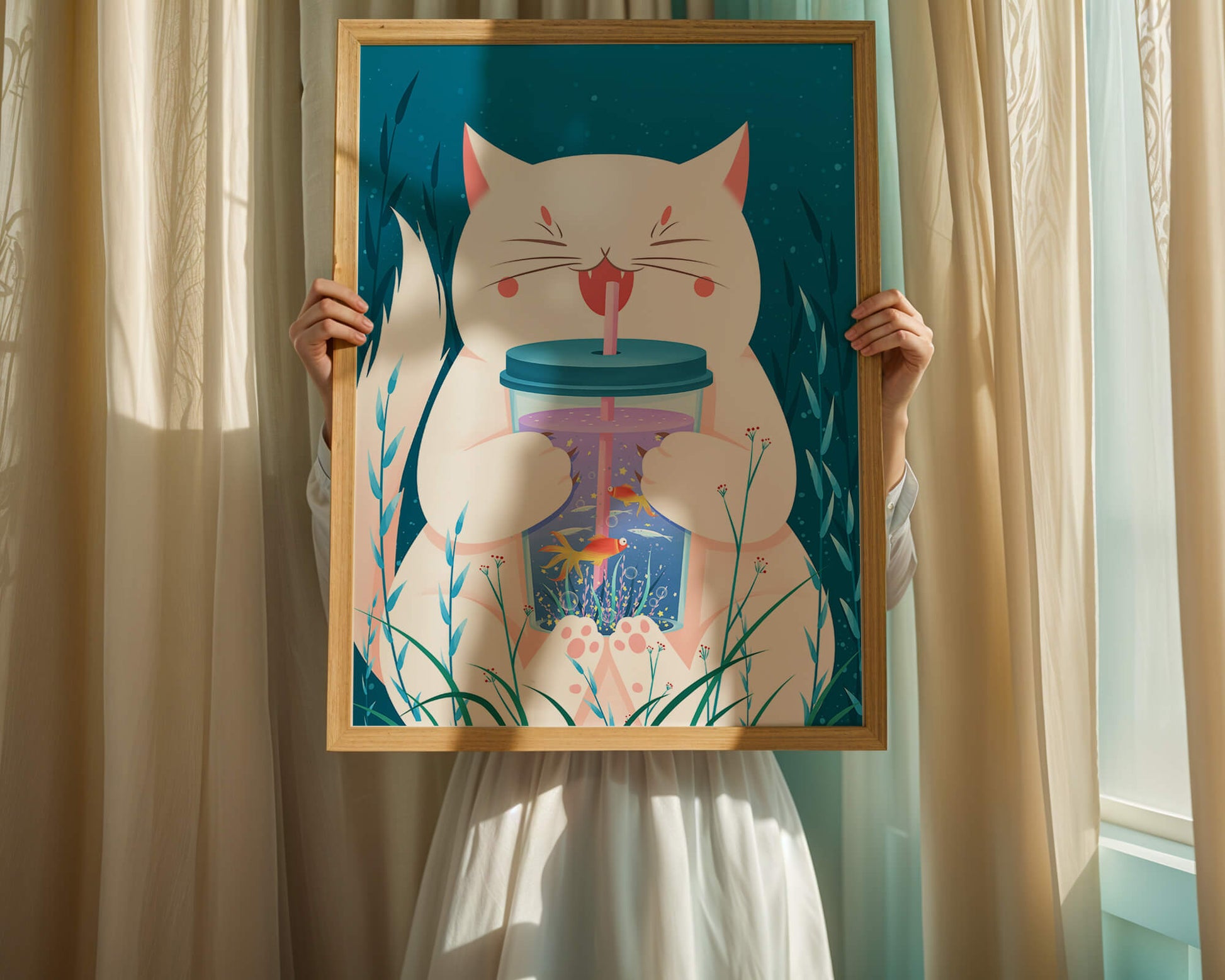 Playful cat with a fish tank tumbler in the underwater scene illustration