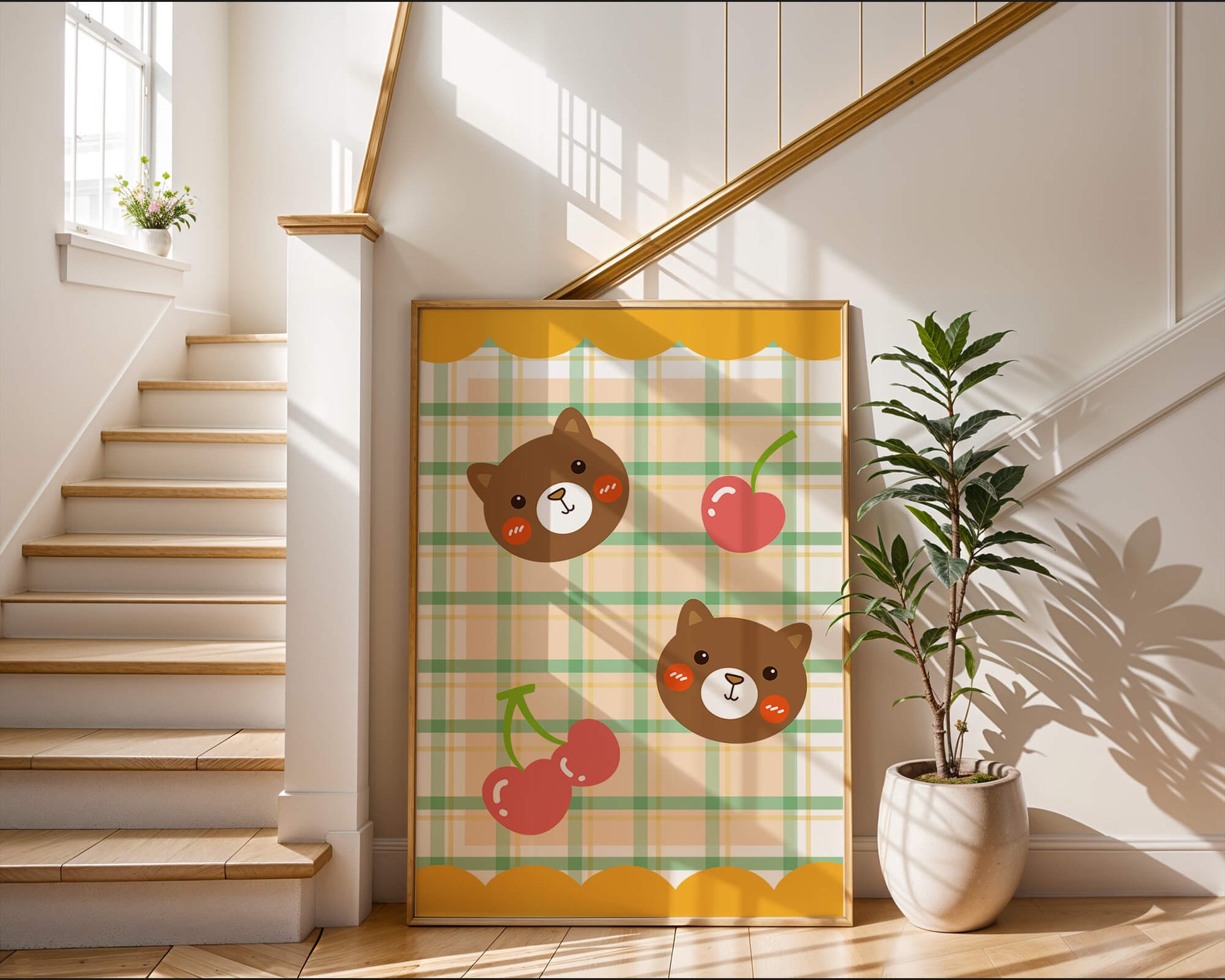 Playful bear and cherry pattern with plaid background