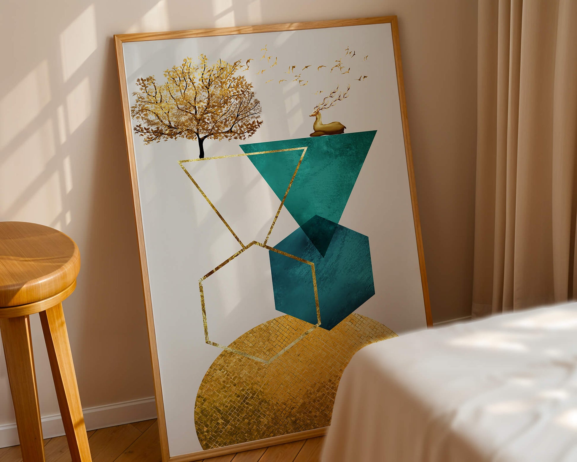 Abstract Geometric Composition with Golden Deer and Tree