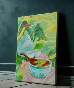 Tea ceremony with teapot and tea bowls amidst nature scenery