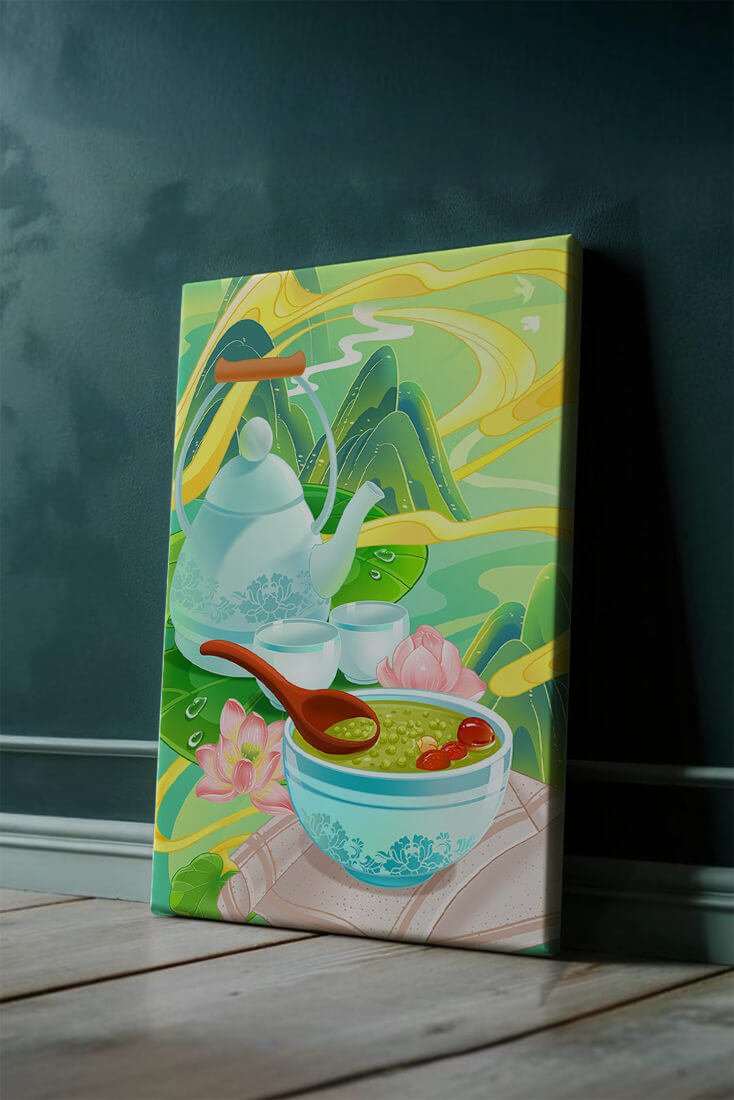 Ceremonia del té con tetera y cuencos de té en medio de un paisaje natural.
