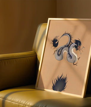 Illustration of a mystical dragon with fluid form on a beige background