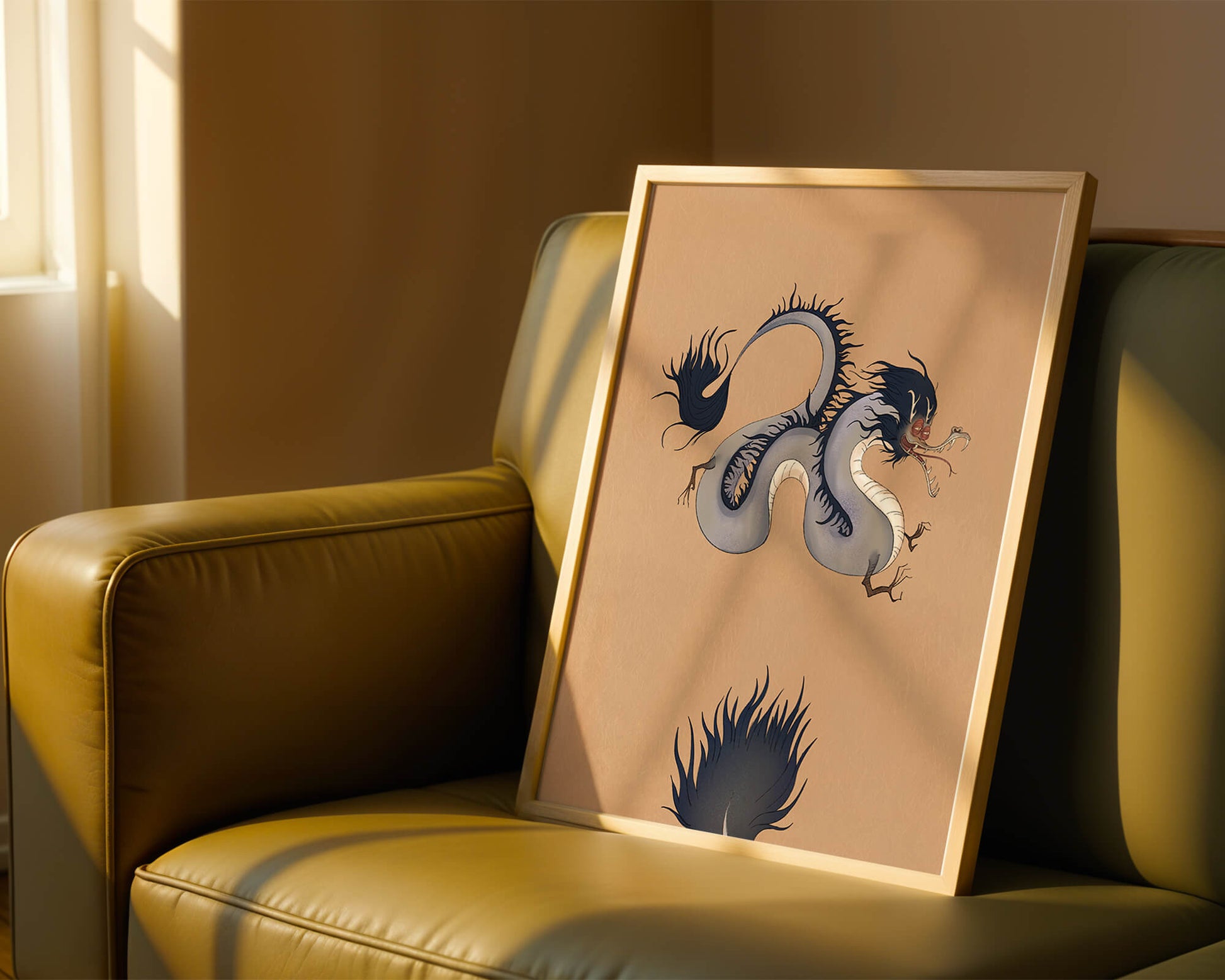 Illustration of a mystical dragon with fluid form on a beige background