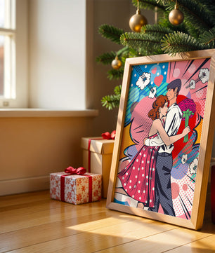Pareja abrazándose en estilo pop art con un fondo colorido