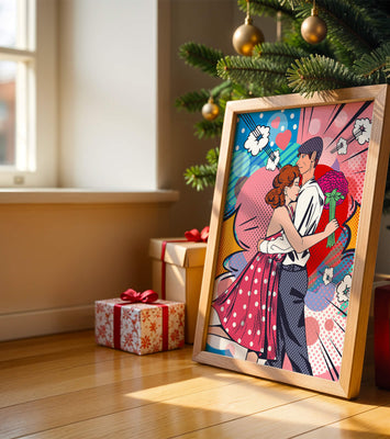 Pop Art Couple Embracing with a Colorful Background