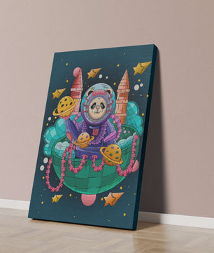 Whimsical space panda illustration with planets and stars