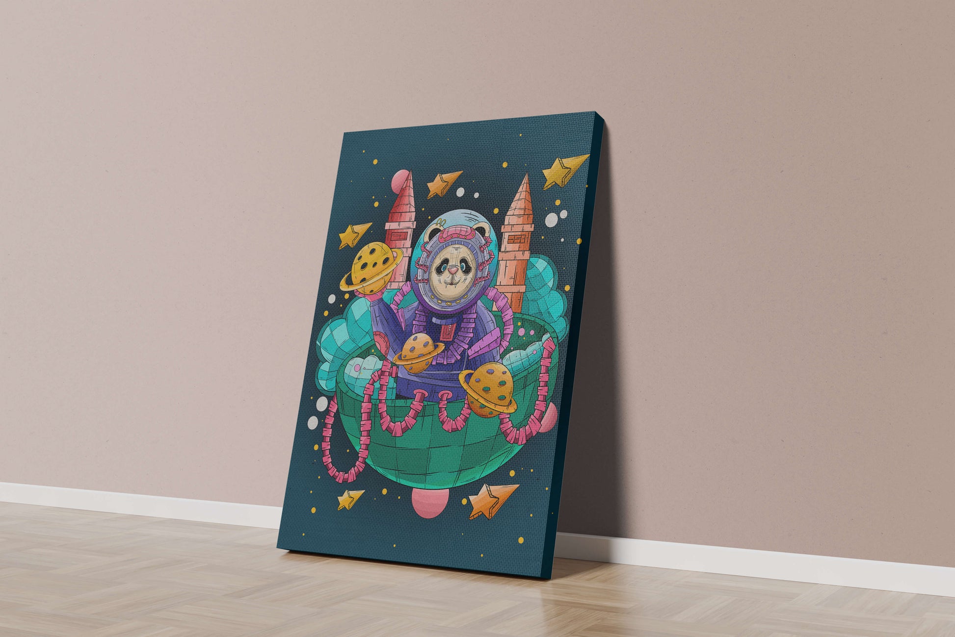 Whimsical space panda illustration with planets and stars