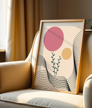 Composition florale abstraite avec des cercles roses et orange sur fond minimaliste