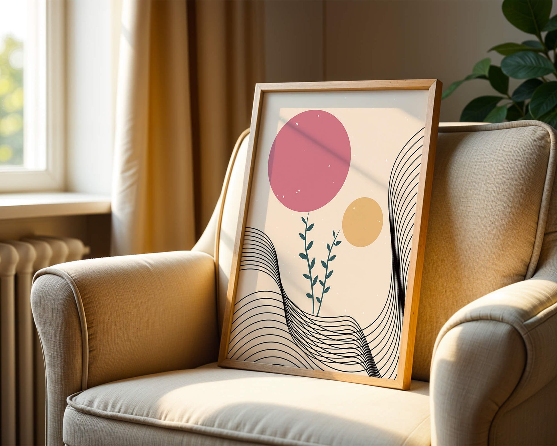 Composition florale abstraite avec des cercles roses et orange sur fond minimaliste