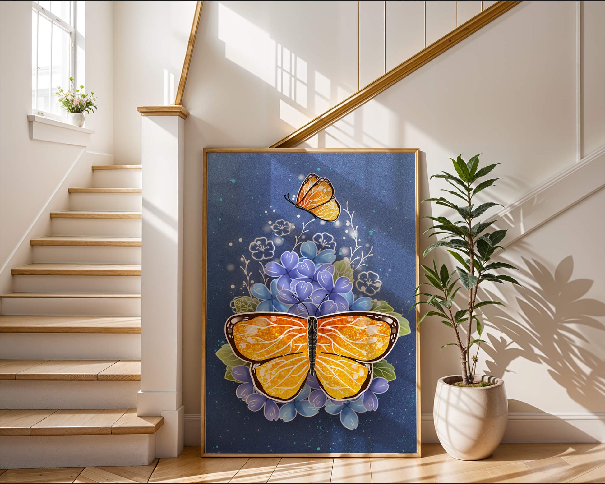 Colorida ilustración de mariposa y flores azules