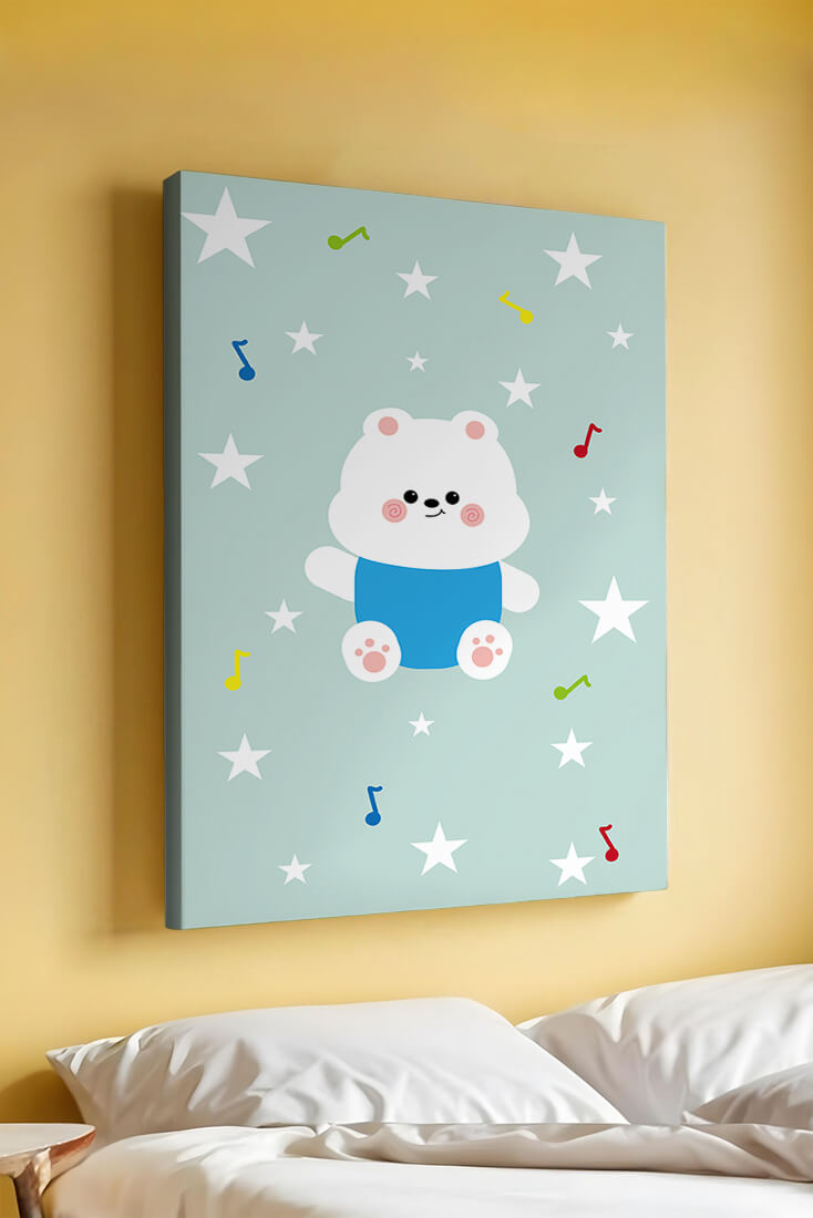 Playful bear illustration with musical notes and stars