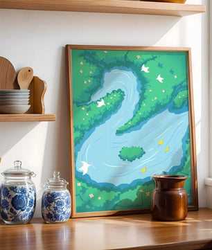Serene River with Ducks and Birds in a Lush Landscape