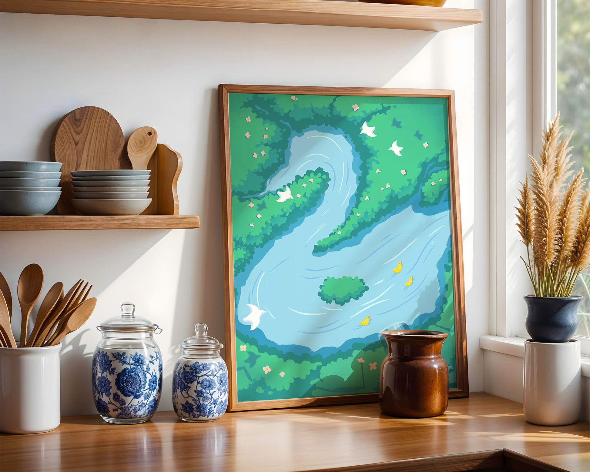 Río sereno con patos y aves en un paisaje exuberante