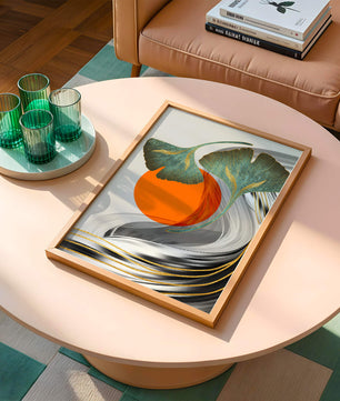 Hojas de Ginkgo abstractas con círculo naranja y ondas plateadas