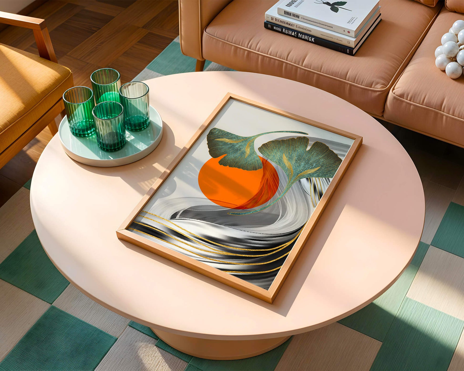 Hojas de Ginkgo abstractas con círculo naranja y ondas plateadas