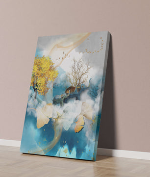 Surreal Nature Scene with Elephants and Golden Leaves