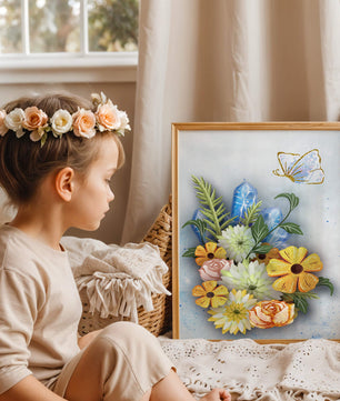 Floral and crystal arrangement with golden butterfly