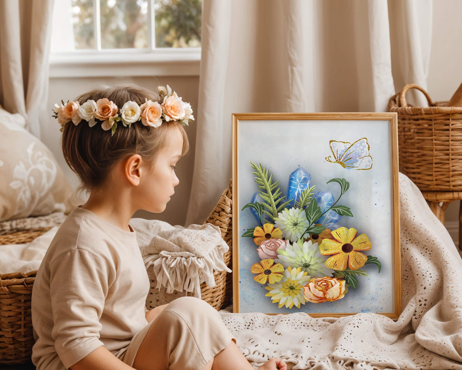 Floral and crystal arrangement with golden butterfly
