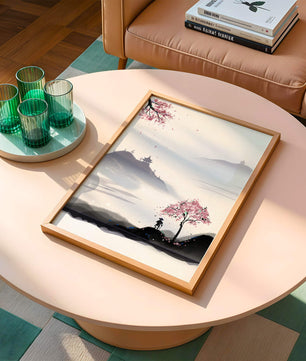 Paisaje sereno con árbol de cerezo y pagodas distantes