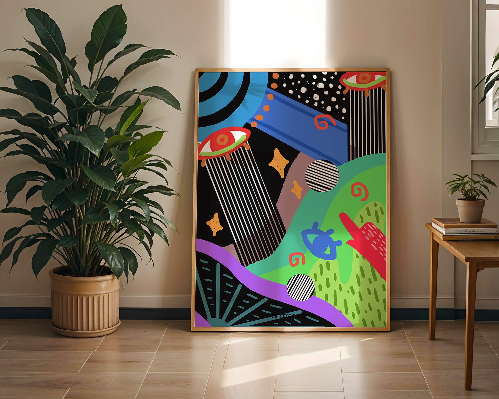 Œuvre d'art psychédélique abstraite colorée avec des formes géométriques et des yeux