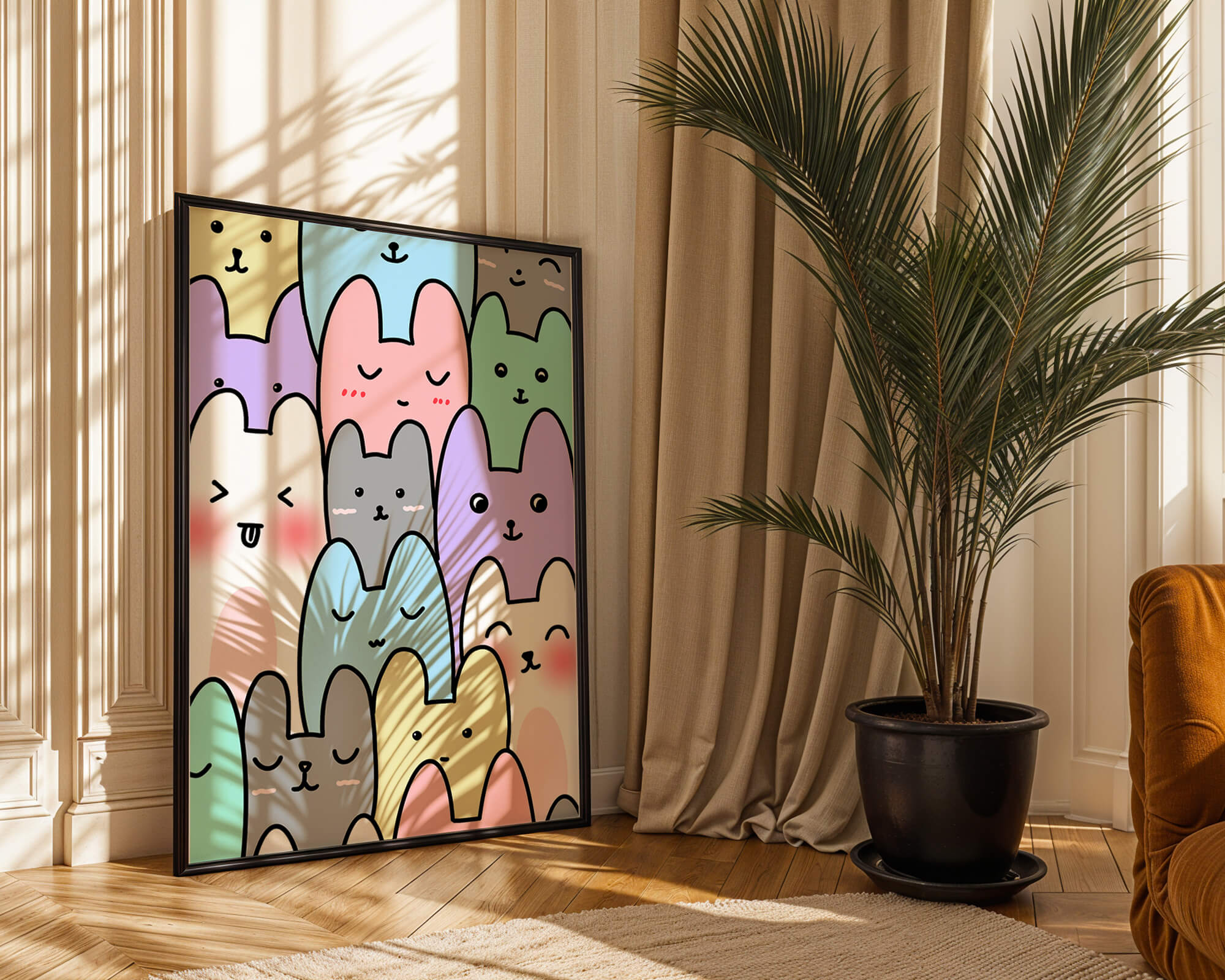 Colorful cartoon animal pattern with smiling faces